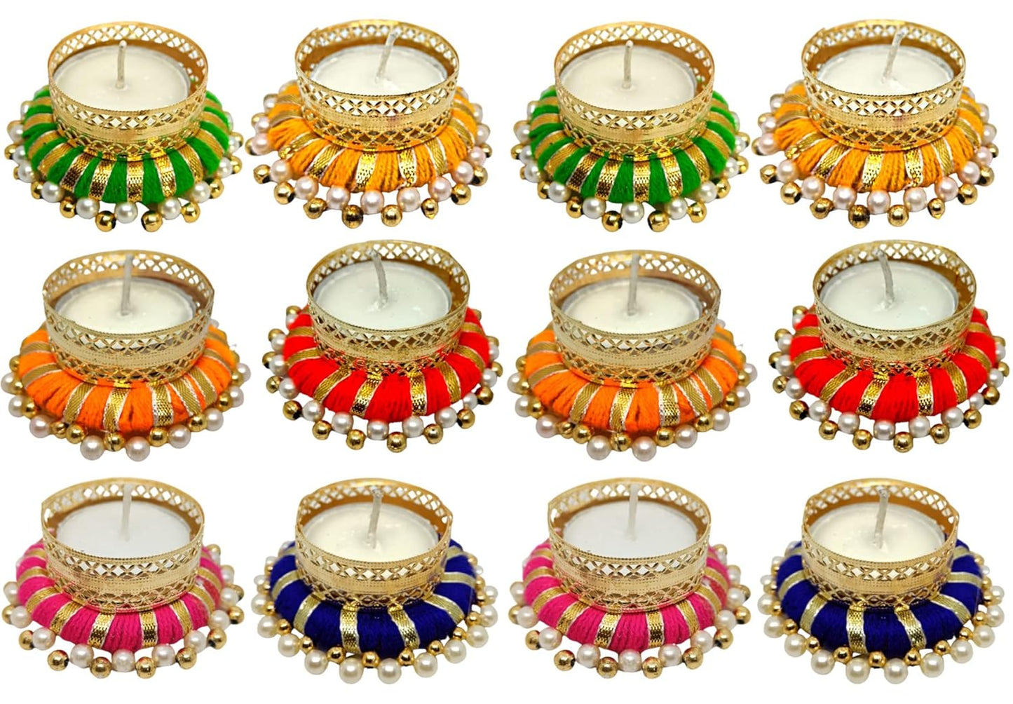Anishop Mesmerizing Tealight Holder Festive Diya with Pearls/Stones, Diwali Home Decoration Items- Diya Candle Lights, Diyas for puja, Christmas Decorative Diwali Gift -12 Pcs