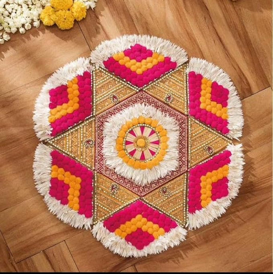 Handcrafted Gota Pati Work White Decorative Rangoli Mat
