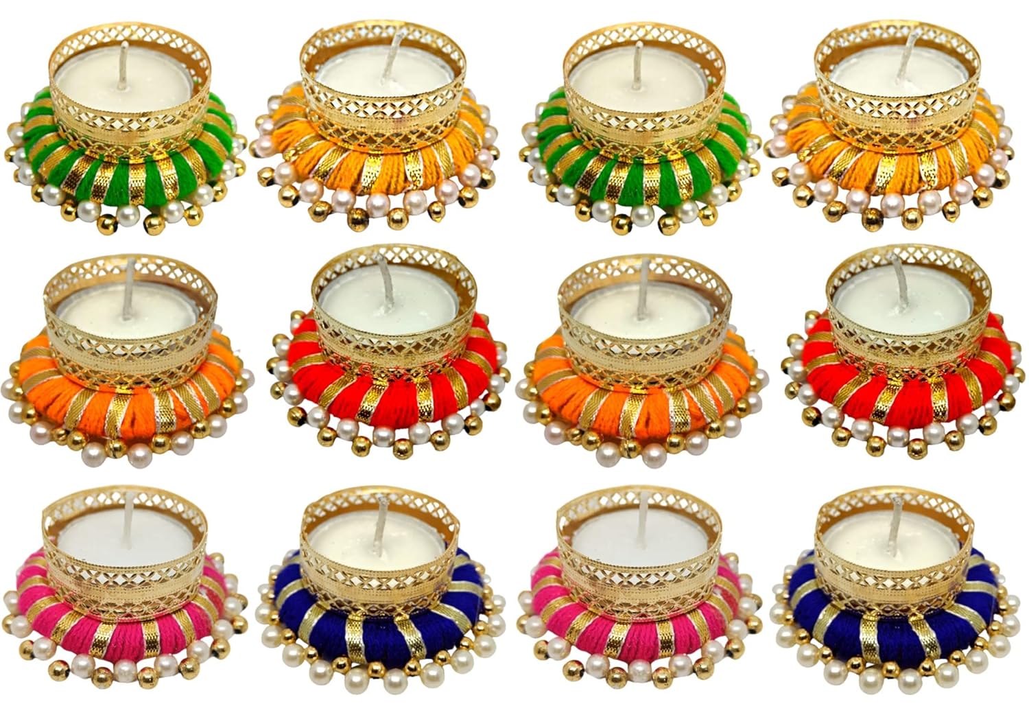 Anishop Mesmerizing Tealight Holder Festive Diya with Pearls/Stones, Diwali Home Decoration Items- Diya Candle Lights, Diyas for puja, Christmas Decorative Diwali Gift -12 Pcs