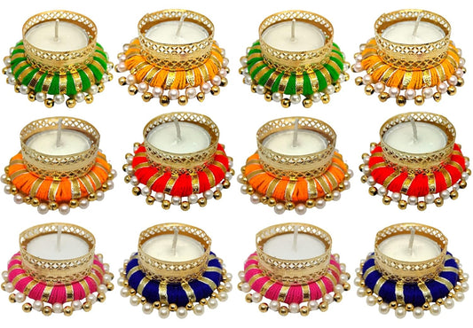 Anishop Mesmerizing Tealight Holder Festive Diya with Pearls/Stones, Diwali Home Decoration Items- Diya Candle Lights, Diyas for puja, Christmas Decorative Diwali Gift -12 Pcs